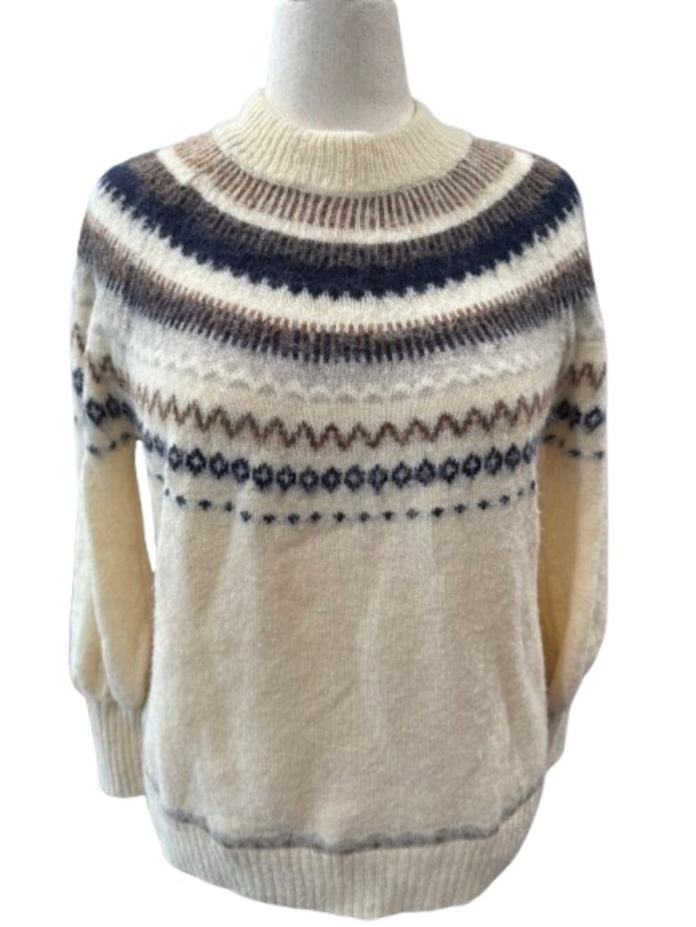 J.Crew Ivory & Navy Fair Isle Yoke Puff-Sleeve Alpaca Wool Blend Sweater (SZ M)